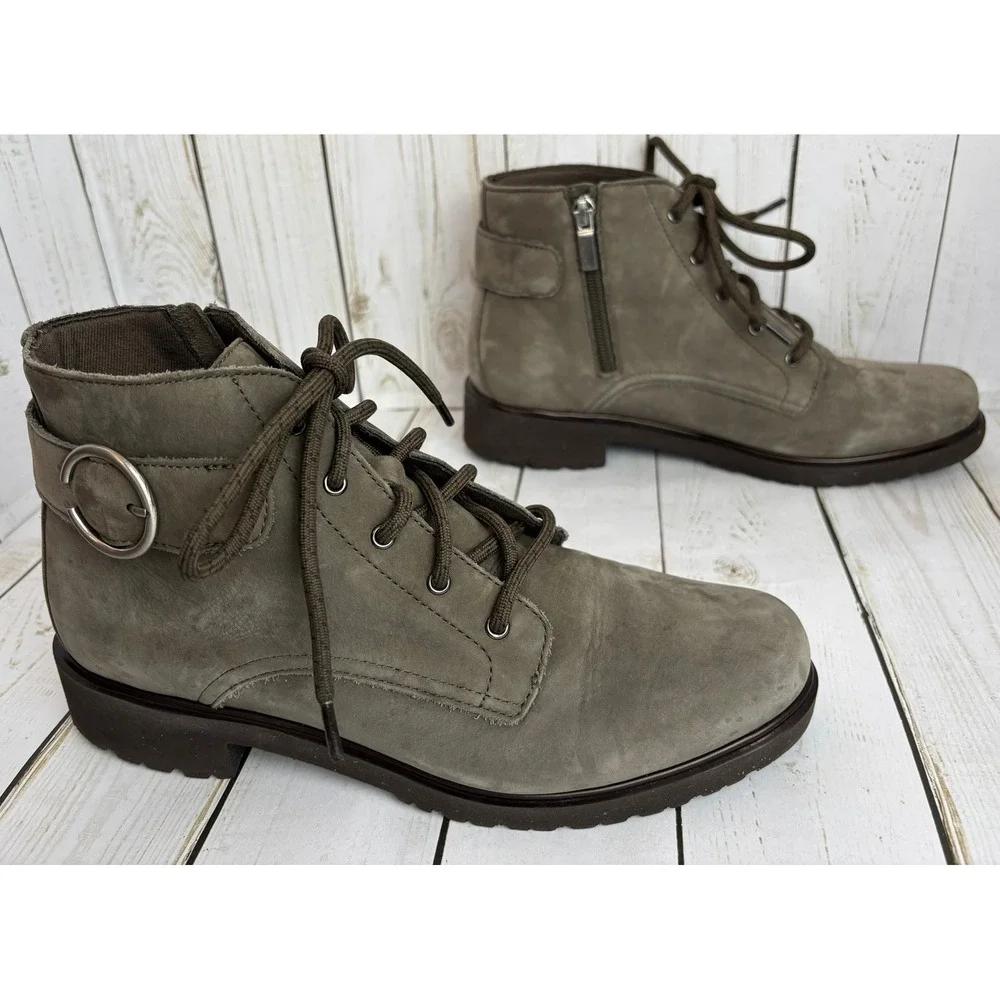 Munro American Bradley II Olive Green Nubuck Lace Up Side Zip Ankle Boot 9M $250